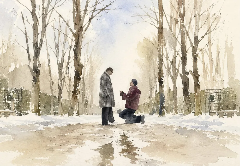 Watercolour of Joshua and Keenan at the moment of the proposal, on a snowy tree-lined avenue