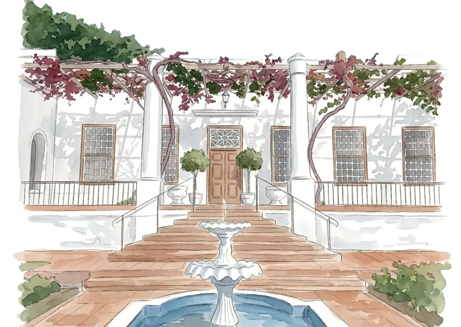 Watercolour illustration of the Welgemeend manor house and fountain